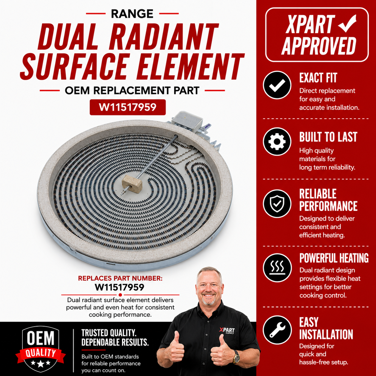 Whirlpool Range Dual Radiant Surface Element W11517959 – OEM Replacement 3000W/1400W (Replaces DG47-00067A, MEE62385201)