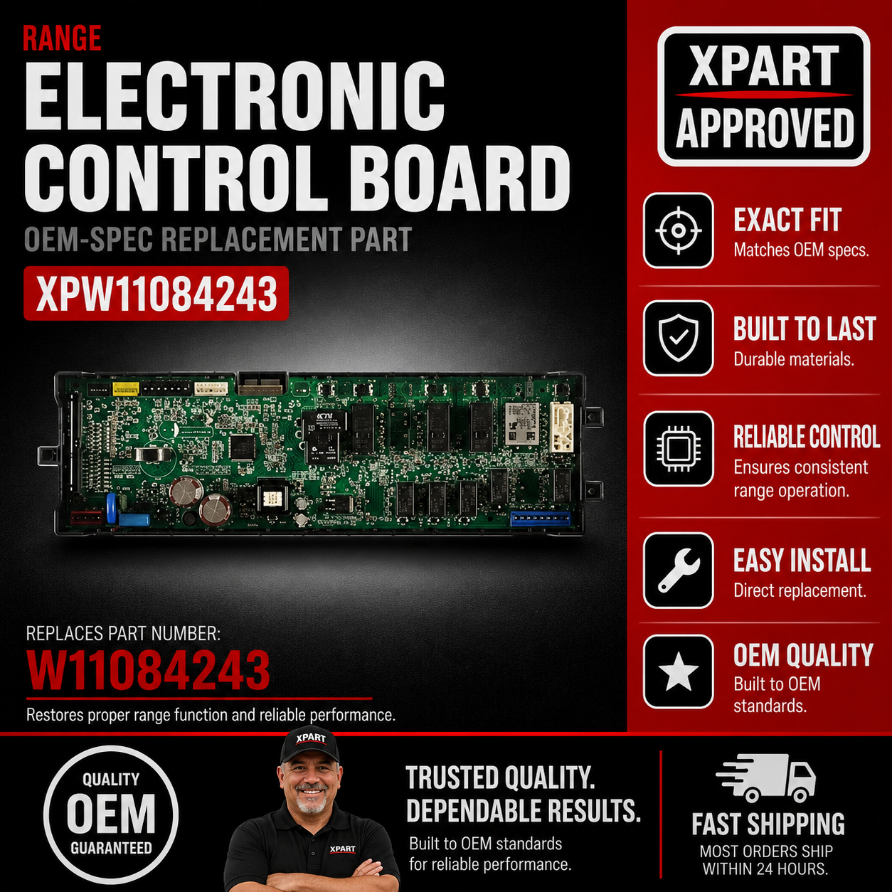 Whirlpool Range Electronic Control Board W11084243 — Fixes Oven Not Heating / Restores Temperature Control