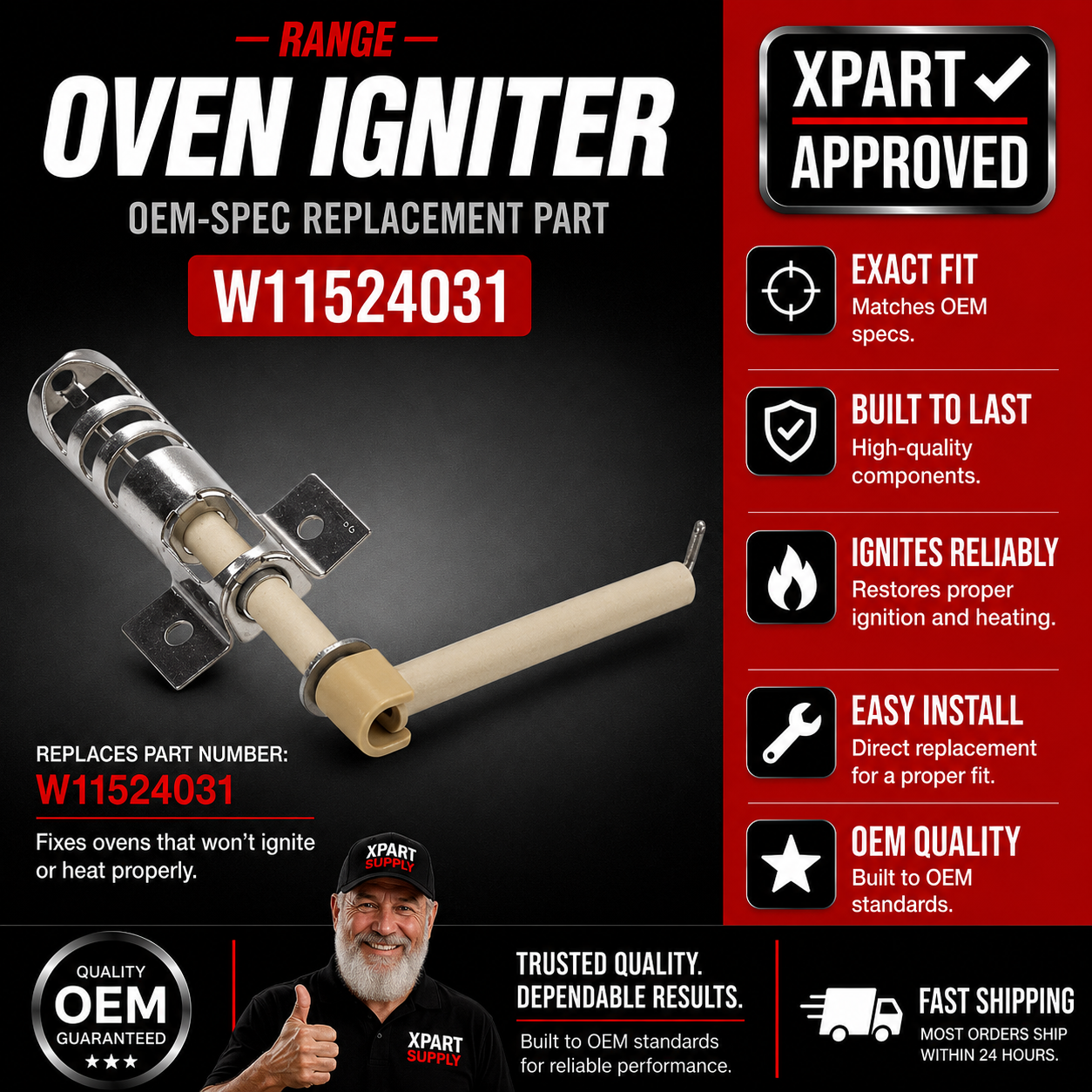 Whirlpool Range Oven Spark Igniter W11524031 — Fixes Oven Not Igniting / Restores Bake Ignition