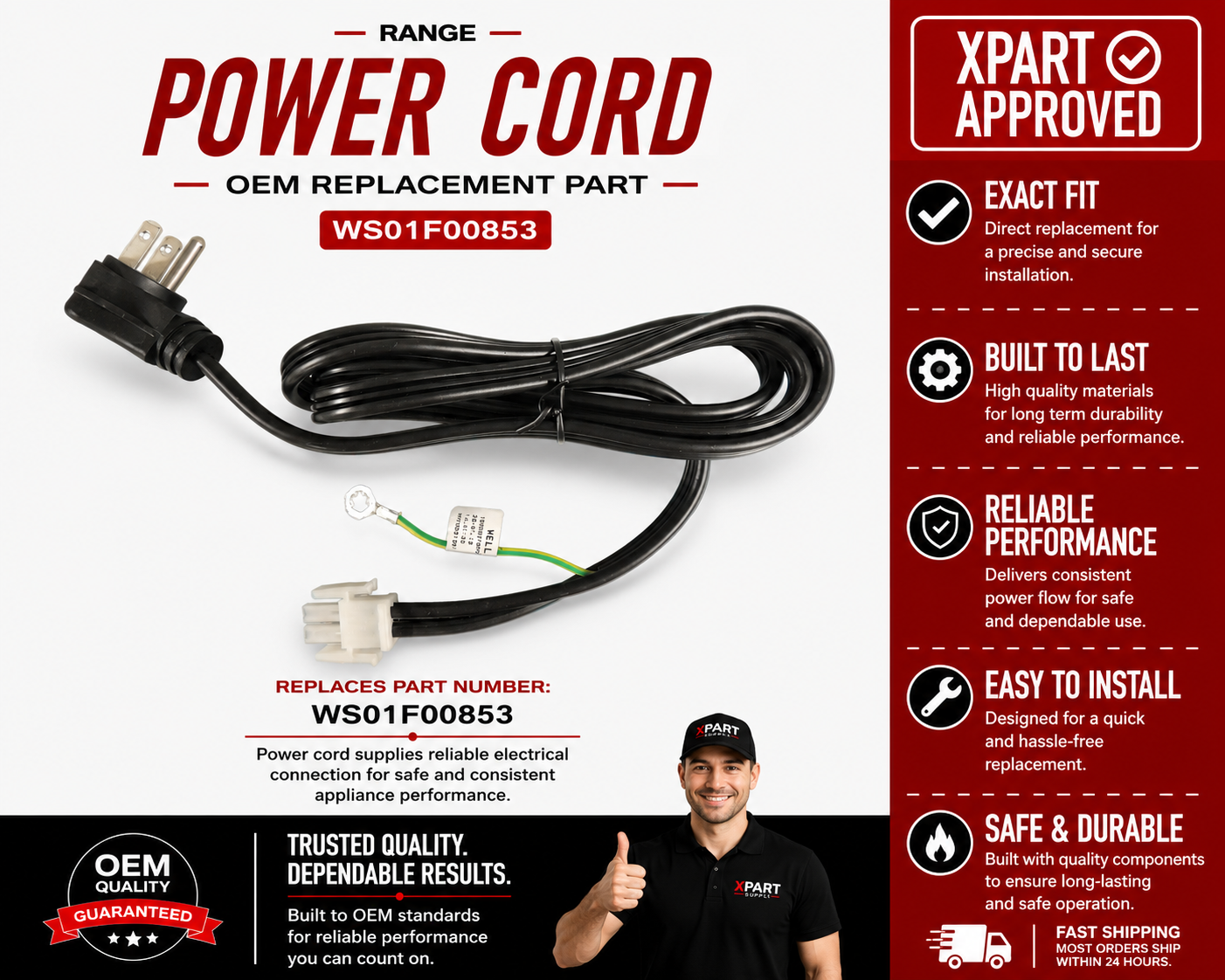 Whirlpool Range Power Cord WS01F00853 — Fixes No Power / Range Won’t Turn On