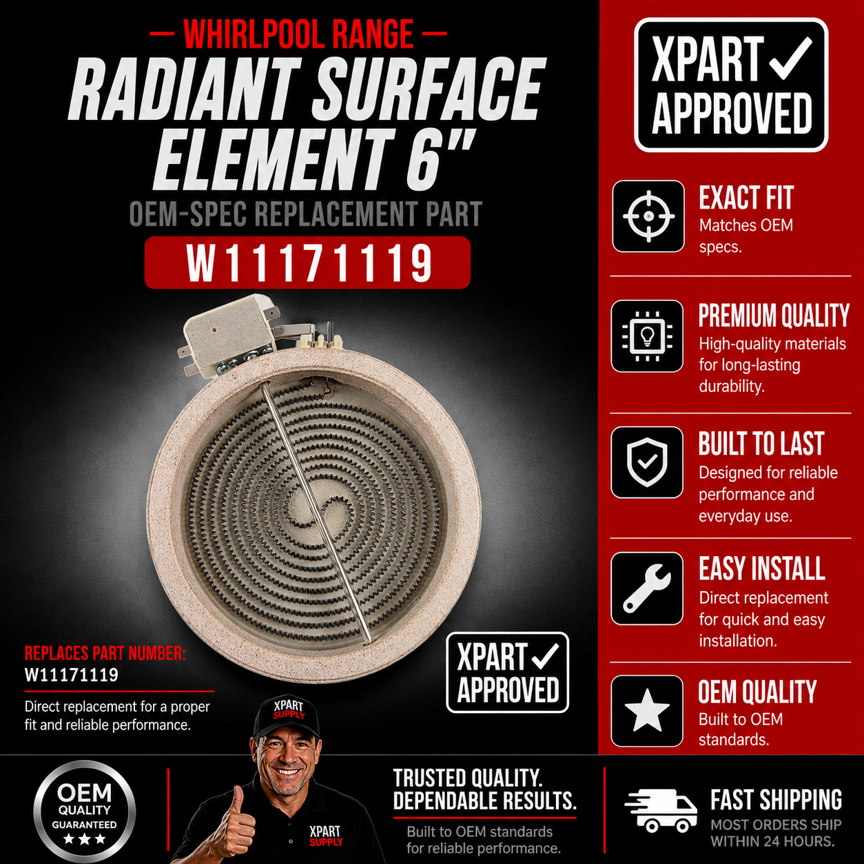 Whirlpool Range Radiant Surface Element, 6-inch, 1200-watt W11171119
