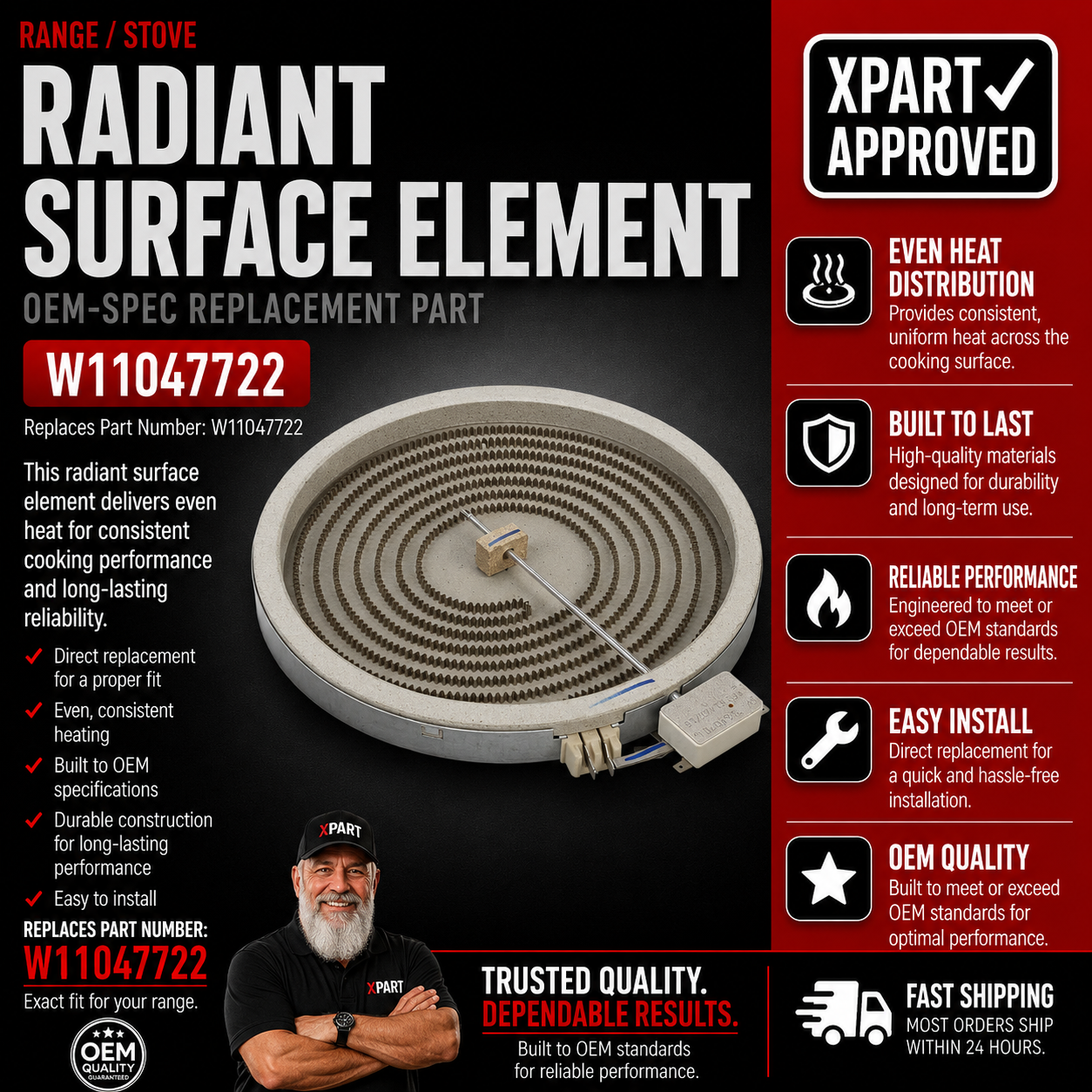 Whirlpool Range Radiant Surface Element W11047722 — Fix Burner Not Heating