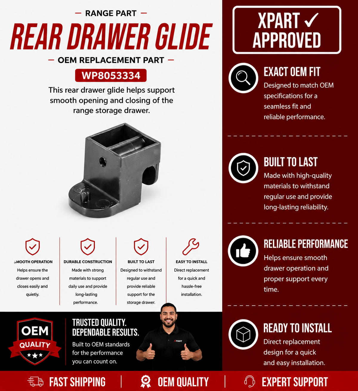 Whirlpool Range Rear Drawer Glide WP8053334 — Fixes Sticking or Broken Storage Drawer
