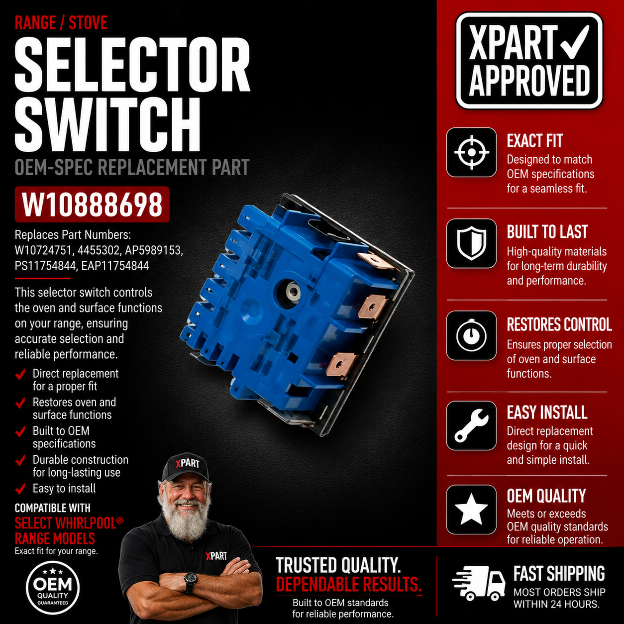 Whirlpool Range Selector Switch W10888698 — Fixes Centre Element Not Turning On/Off