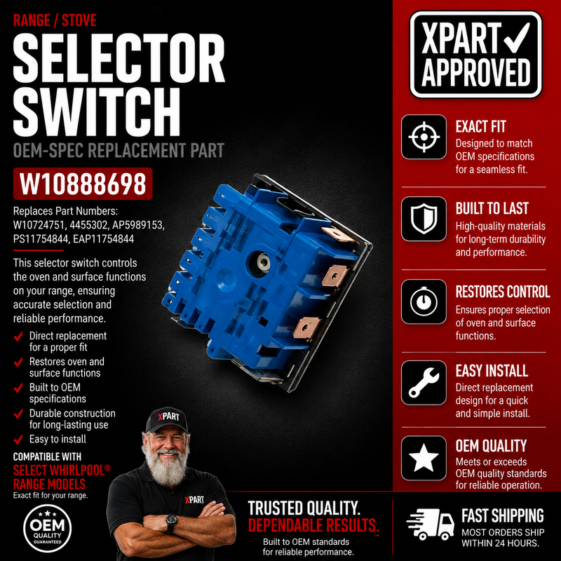 Whirlpool Range Selector Switch W10888698 — Fixes Centre Element Not Turning On/Off