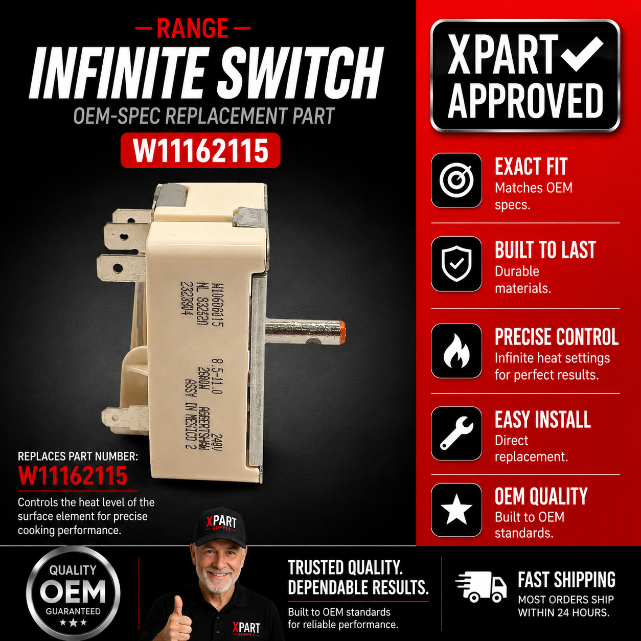 Whirlpool Range Surface Element Infinite Switch W11162115, Replaces W10600015