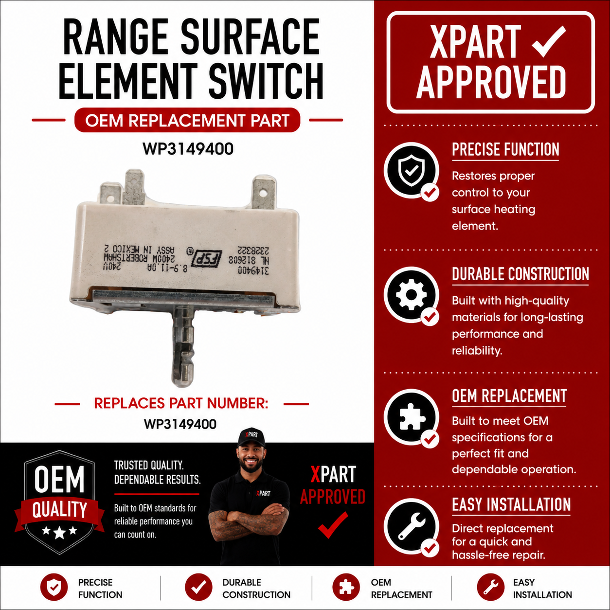 Whirlpool Range Surface Element Switch WP3149400 – Fixes 8" Burner Not Heating or Stuck on High (Replaces 3149400, 3148954)