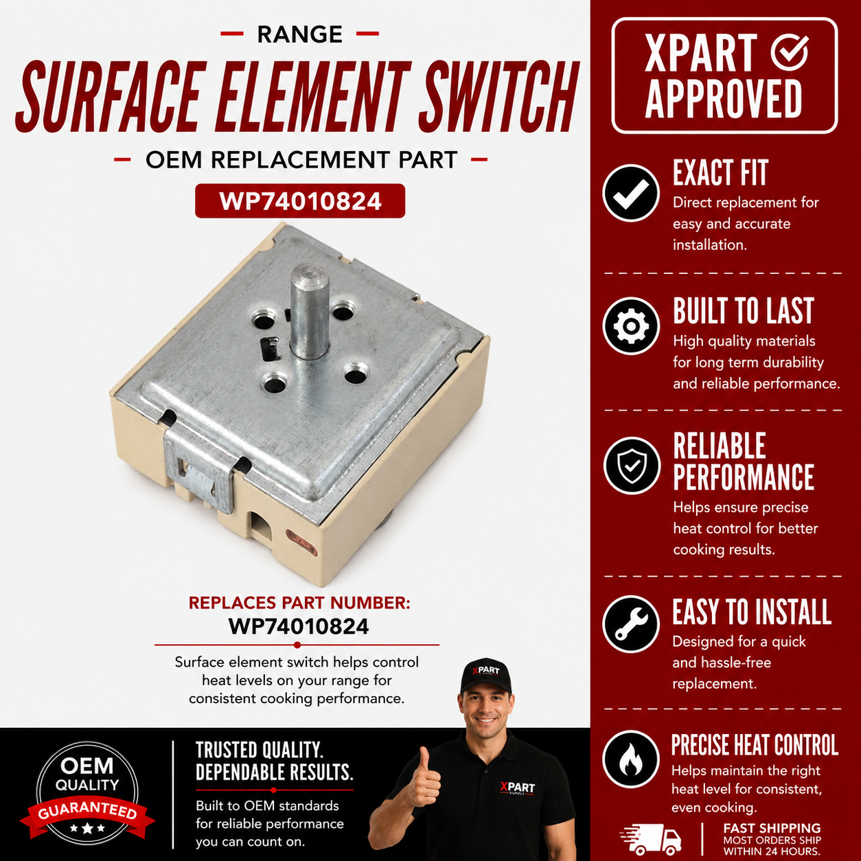 Whirlpool Range Surface Element Switch WP74010824 — Fixes Burner Not Heating