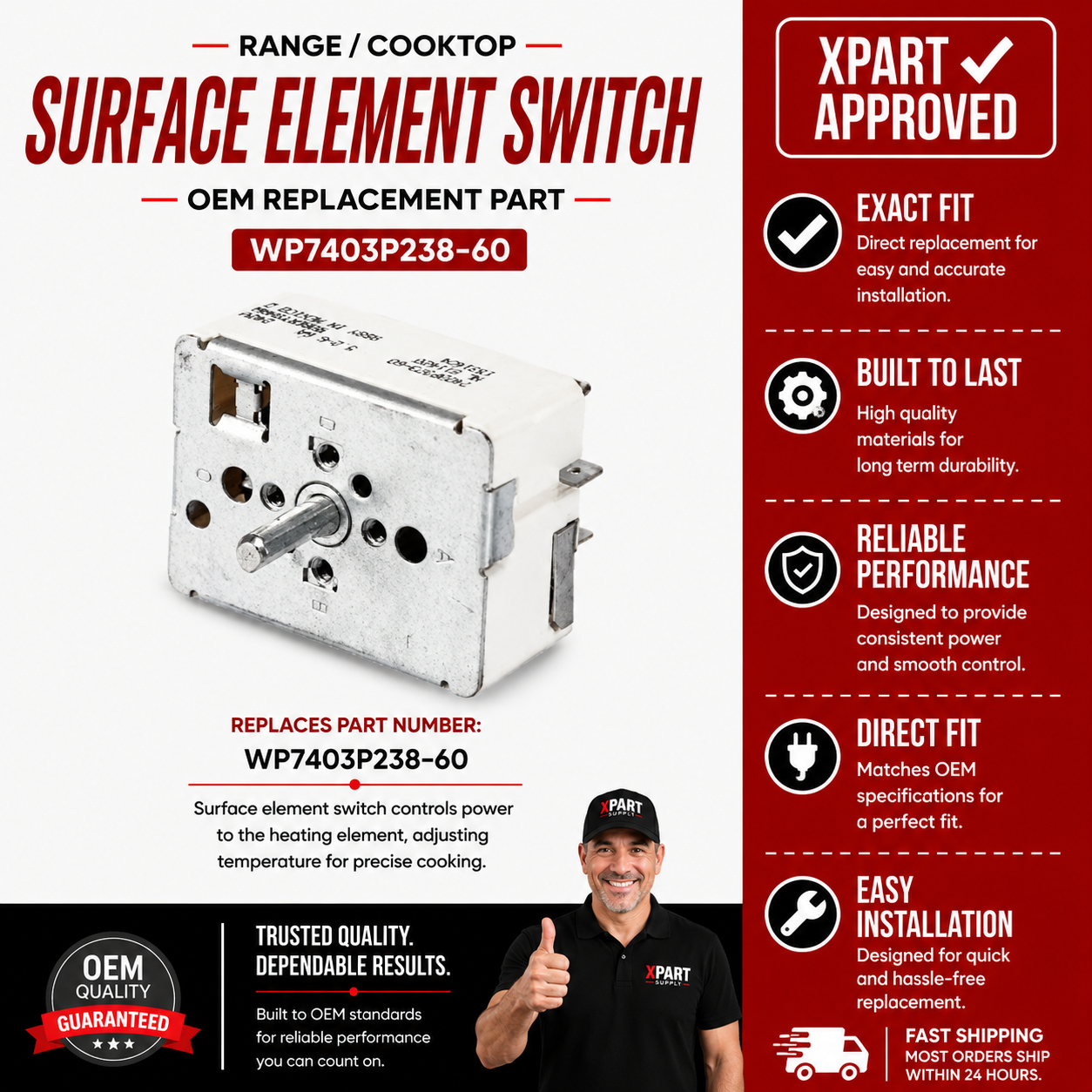 Whirlpool Range Surface Element Switch WP7403P238-60 — Fixes Burner Not Heating
