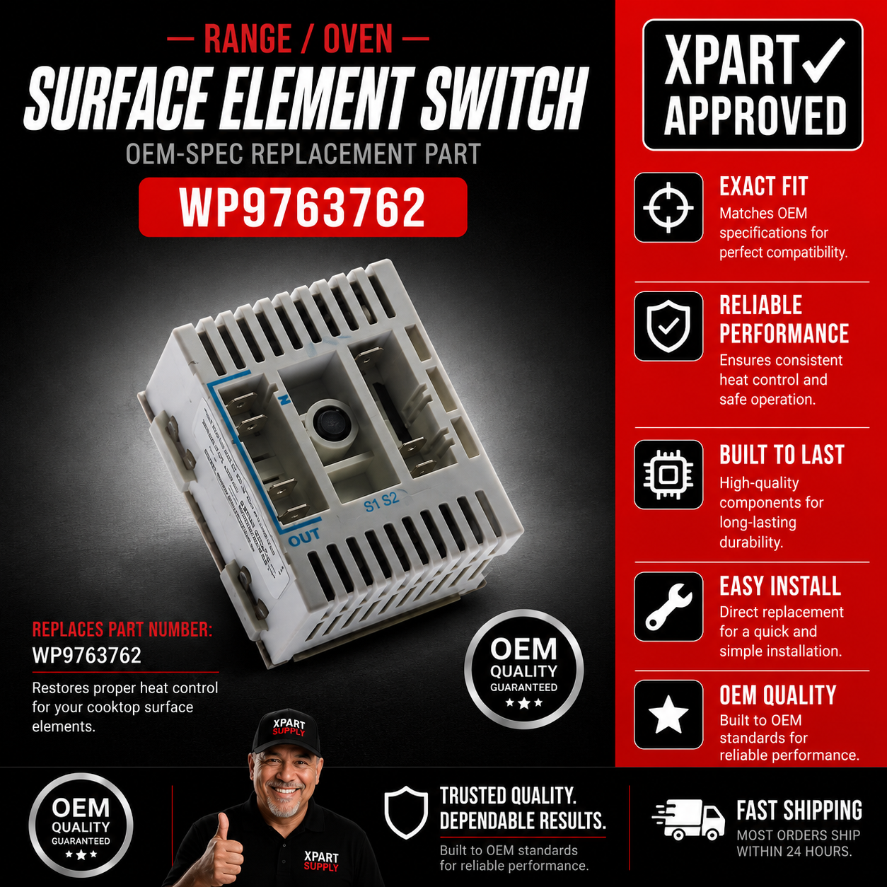 Whirlpool Range Surface Element Switch WP9763762, Replaces 9763762