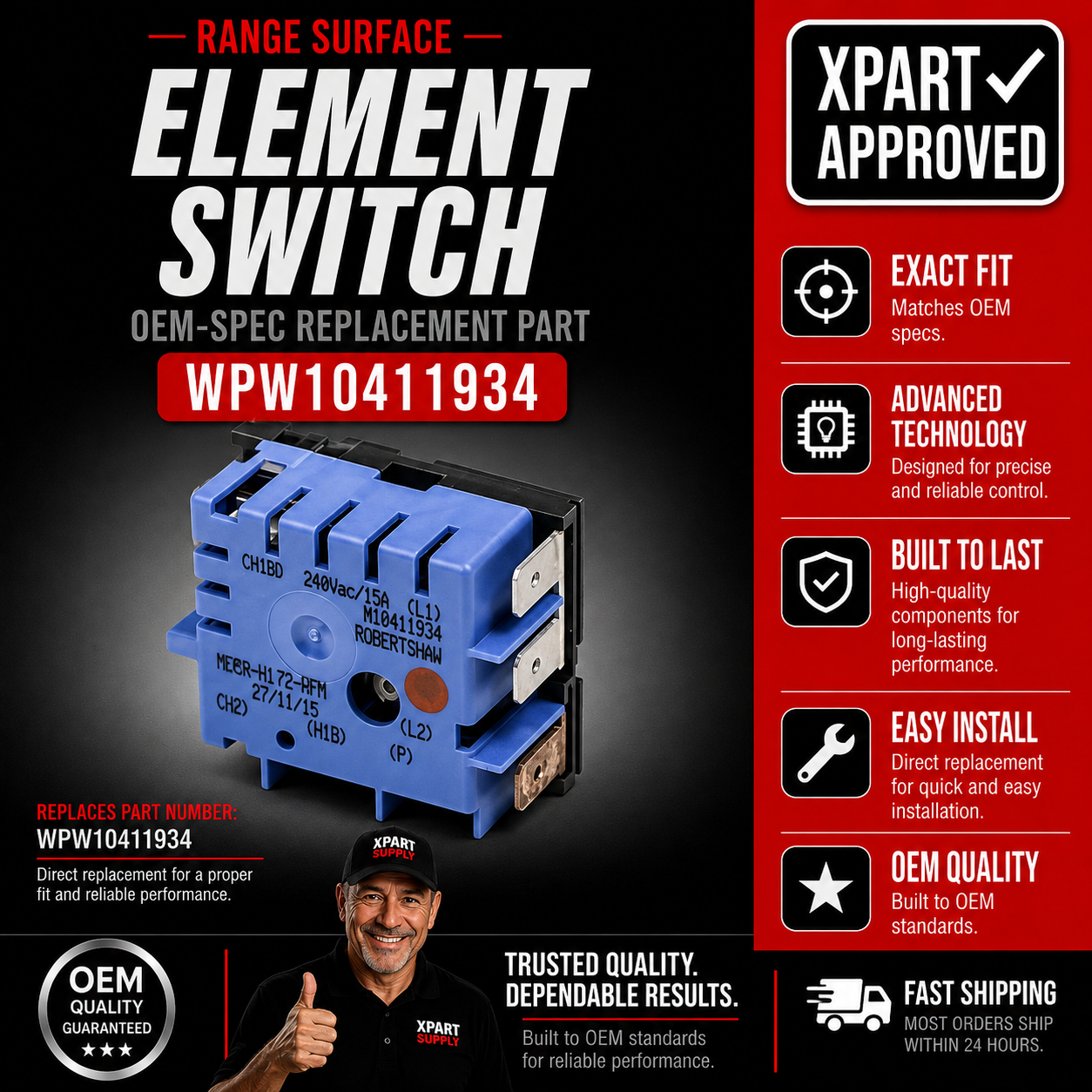 Whirlpool Range Surface Element Switch WPW10411934, Replaces W10411934