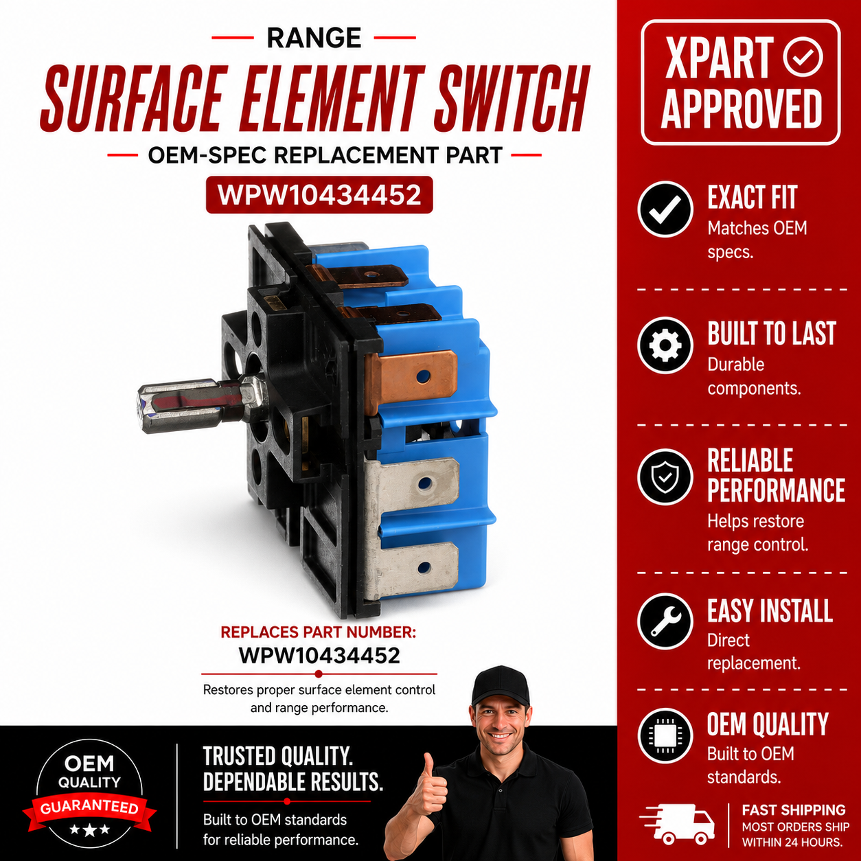 Whirlpool Range Surface Element Switch WPW10434452 — Fix Burner Not Heating or Stuck on High