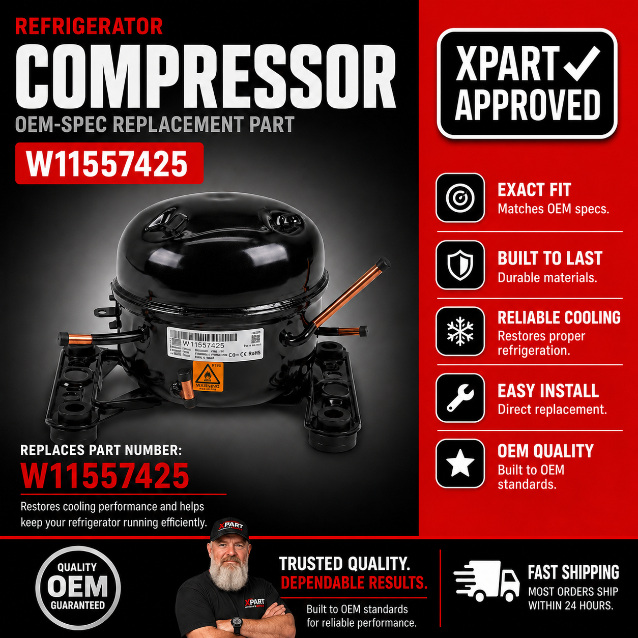 Whirlpool Refrigerator Compressor W11557425 — Fixes Fridge Not Cooling or Compressor Not Running