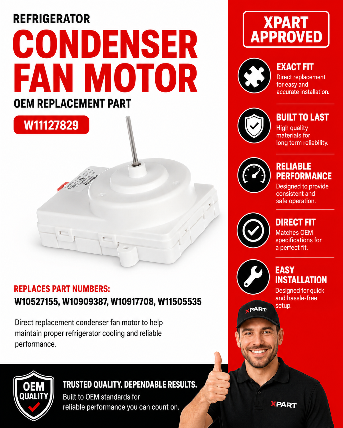 Whirlpool Refrigerator Condenser Fan Motor W11127829 — Fix Warm Fridge & Condenser Overheating