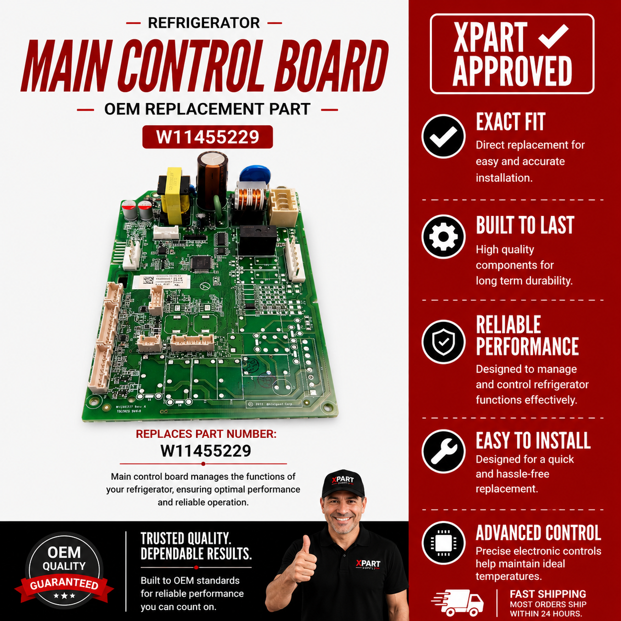 Whirlpool Refrigerator Control Board W11455229 — Fix Dead or No-Cooling Fridge