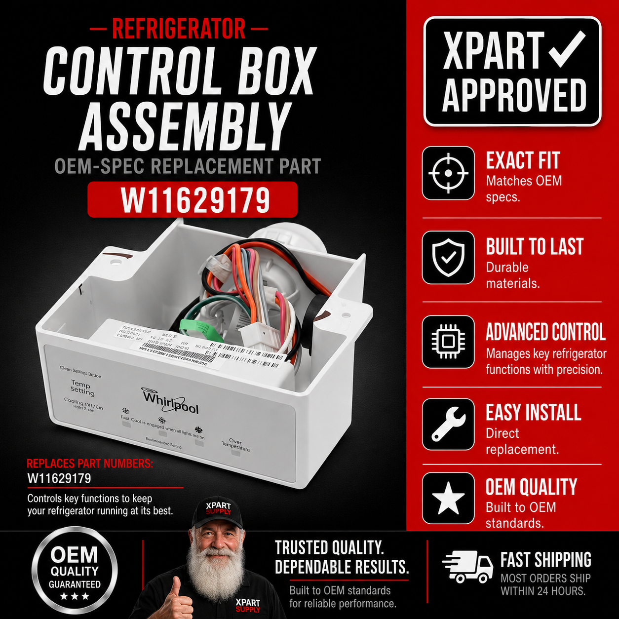 Whirlpool Refrigerator Control Box Assembly W11629179 — Fixes Refrigerator Not Cooling / Restores Temperature Control
