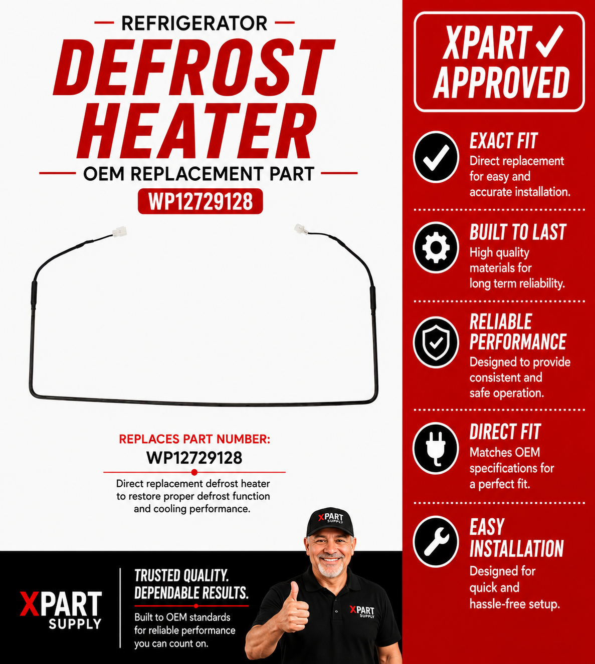 Whirlpool Refrigerator Defrost Heater WP12729128 — Fixes Frost Buildup & No Cooling