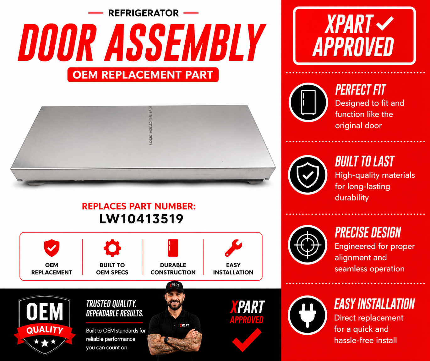 Whirlpool Refrigerator Door Assembly LW10413519 — Fixes Poor Sealing, Air Leaks & Warm Fridge