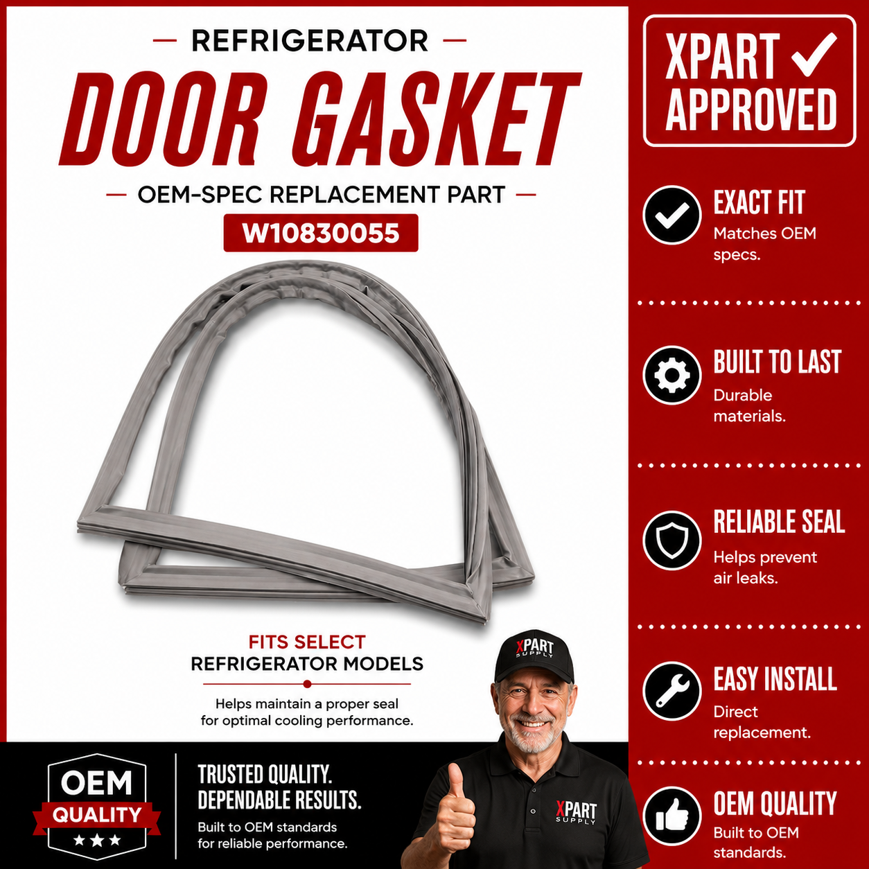 Whirlpool Refrigerator Door Gasket W10830055 — Fixes Air Leaks & Warm Fridge