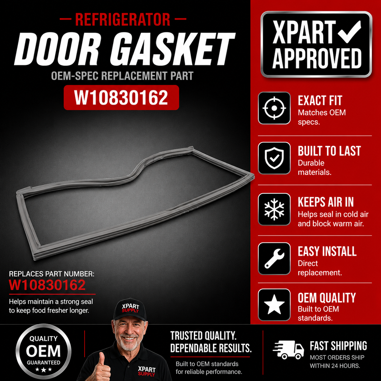 Whirlpool Refrigerator Door Gasket W10830162 — Fixes Air Leaks, Condensation & Compressor Overrun