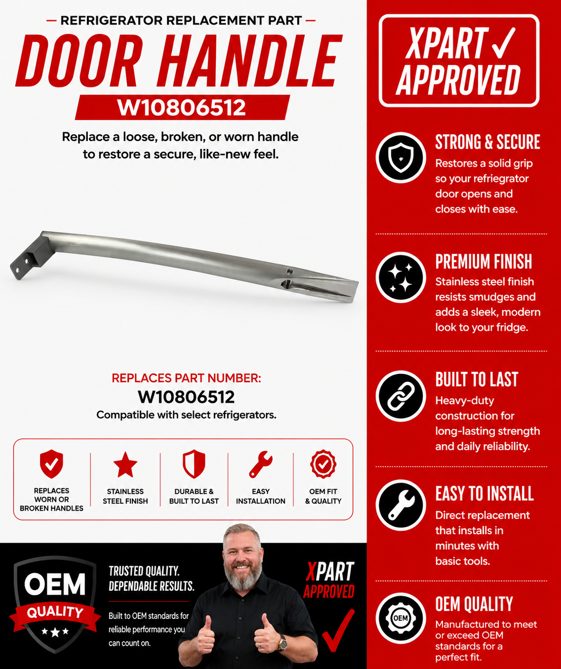 Whirlpool Refrigerator Door Handle W10806512 — Fixes Broken or Missing Fridge Handle