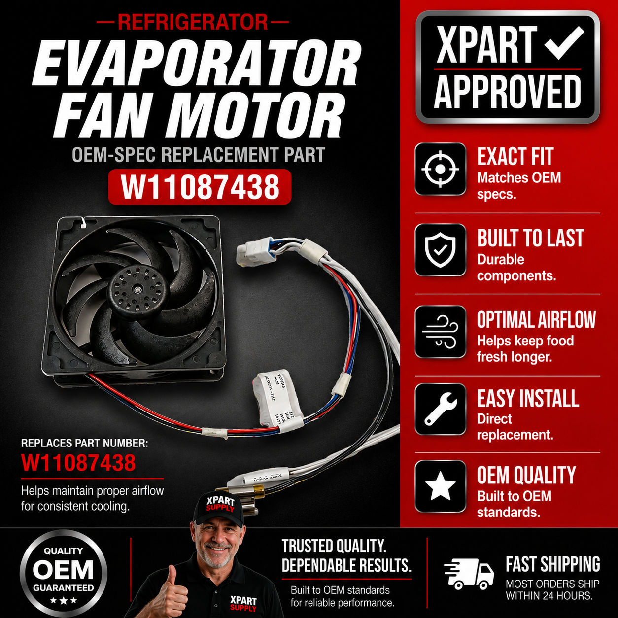 Whirlpool Refrigerator Evaporator Fan Motor W11087438 — Fix No Cooling / Warm Fridge