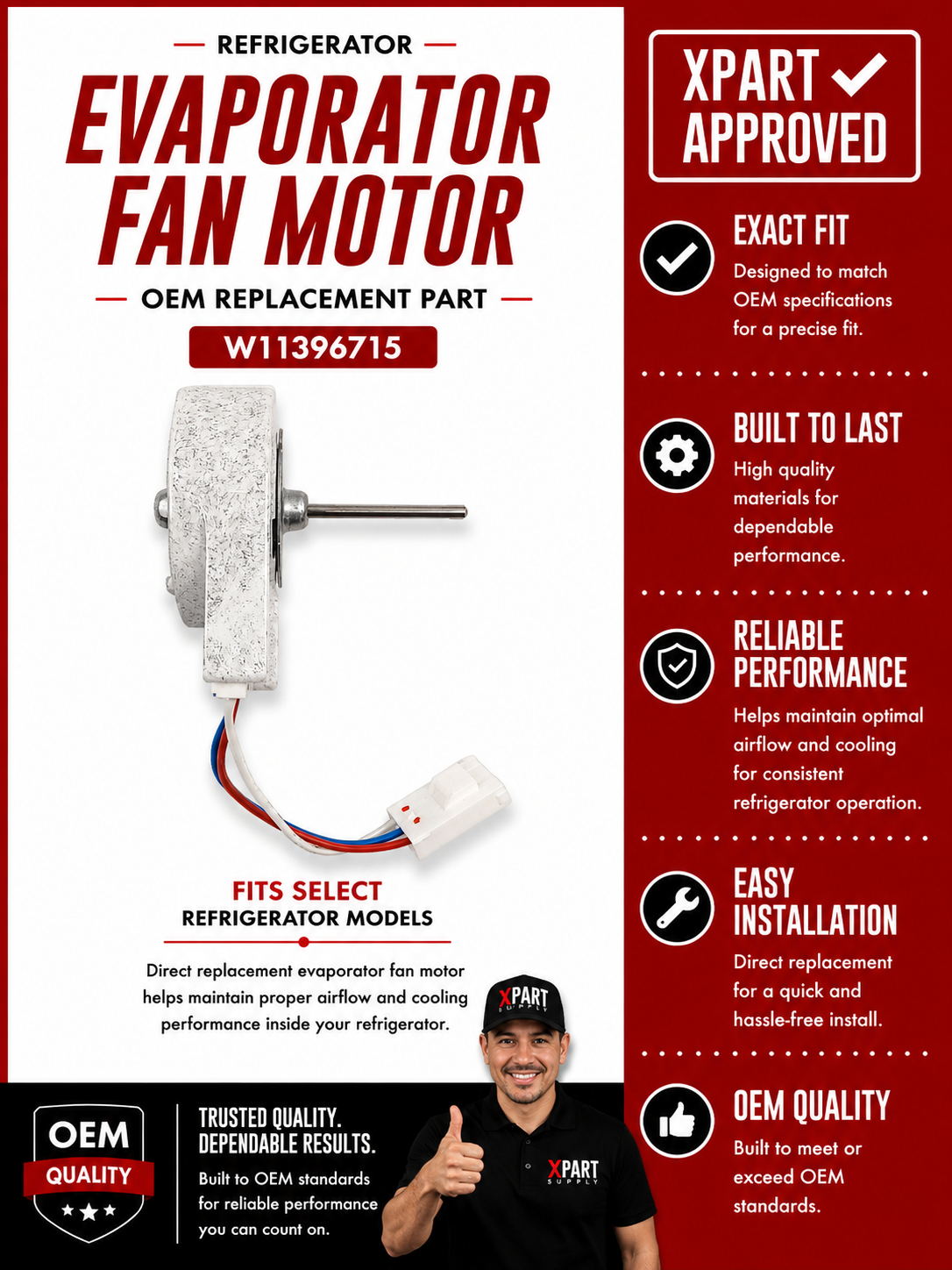 Whirlpool Refrigerator Evaporator Fan Motor W11396715 — Fix Warm Fridge or No Cooling