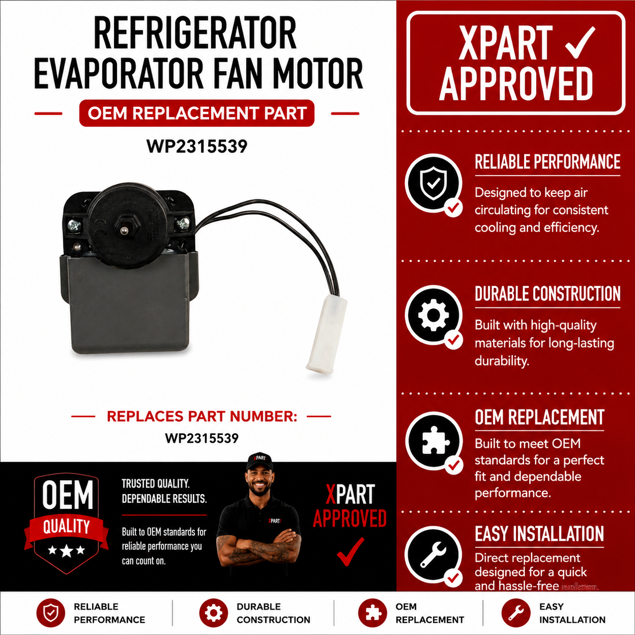 Whirlpool Refrigerator Evaporator Fan Motor WP2315539 – OEM & Premium XPart Options Available (Replaces 2315539, W10438708)