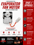 Refrigerator evaporator fan motor with Xpart approved label and features listed on a red and white background.