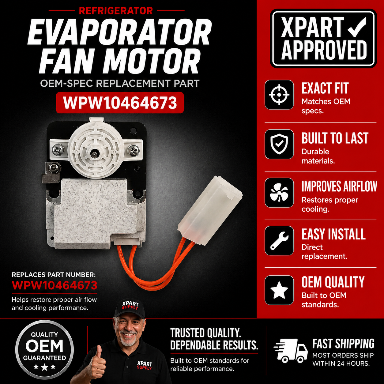 Whirlpool Refrigerator Evaporator Fan Motor WPW10464673 — Fixes Warm Fridge / Freezer Noise