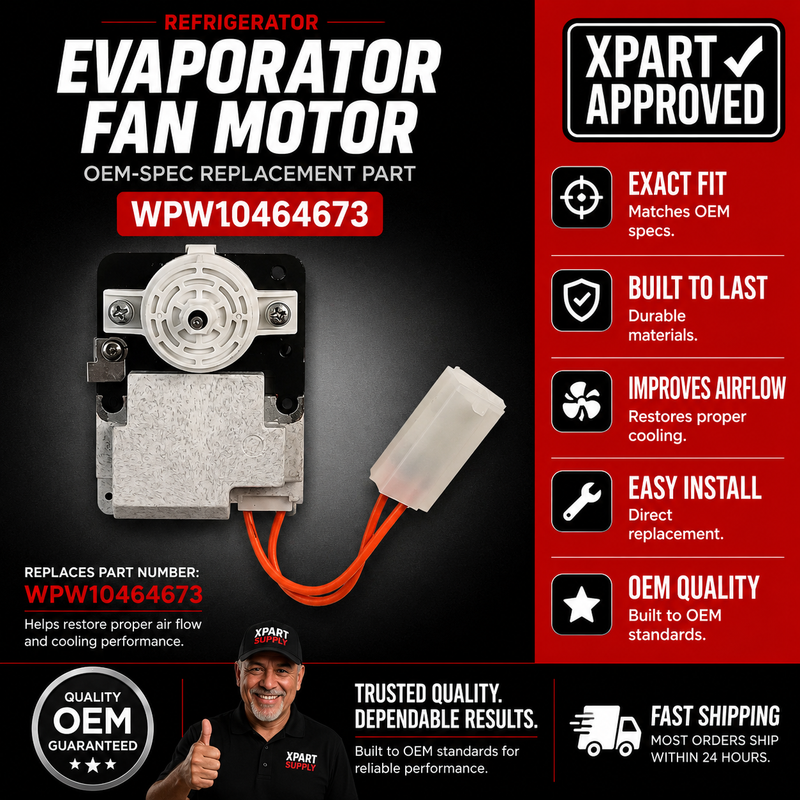Whirlpool Refrigerator Evaporator Fan Motor WPW10464673 — Fixes Warm Fridge / Freezer Noise