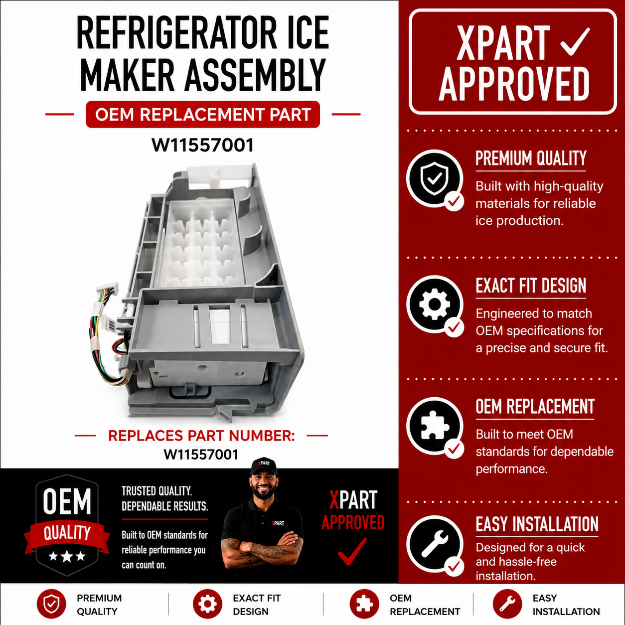 Whirlpool Refrigerator Ice Maker Assembly W11557001 — Fix No Ice, Jams & Constant Cycling