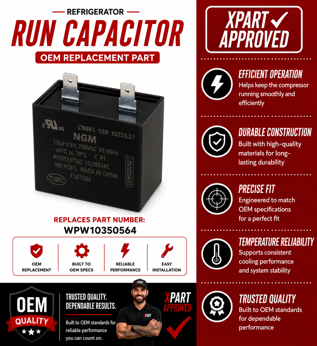 Whirlpool Refrigerator Run Capacitor WPW10350564 — Fixes Compressor Not Running