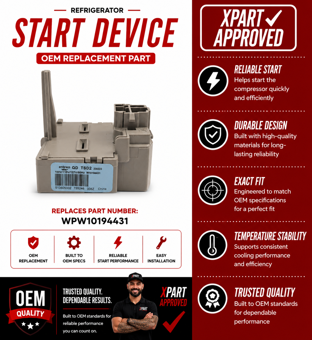 Whirlpool Refrigerator Start Device WPW10194431 — Fixes Compressor Not Starting