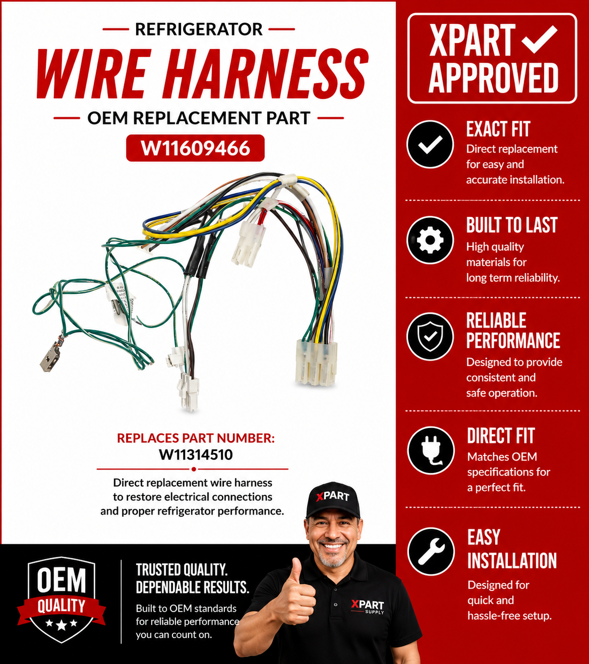 Whirlpool Refrigerator Wire Harness W11609466 — Fix Electrical Connection Failures
