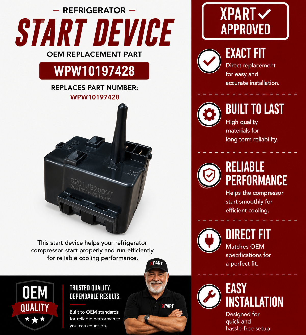 Whirlpool Start Device WPW10197428 — Fixes Refrigerator Compressor Not Starting