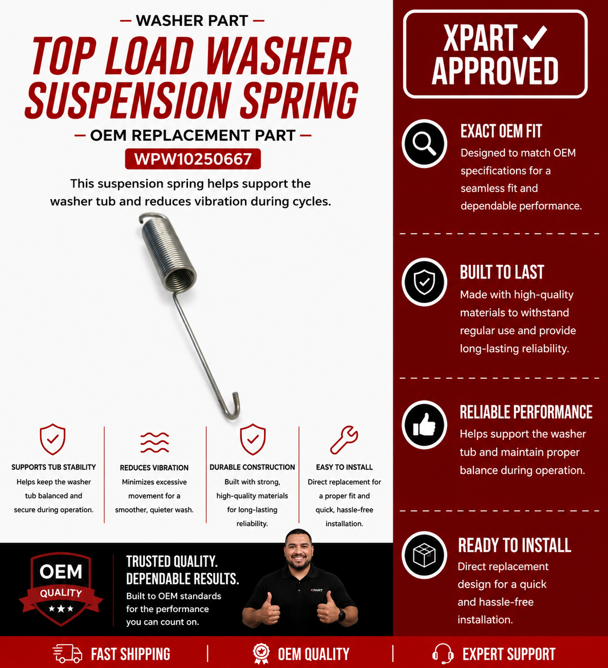 Whirlpool Suspension Spring WPW10250667 — Fixes Washer Vibration and Tub Banging