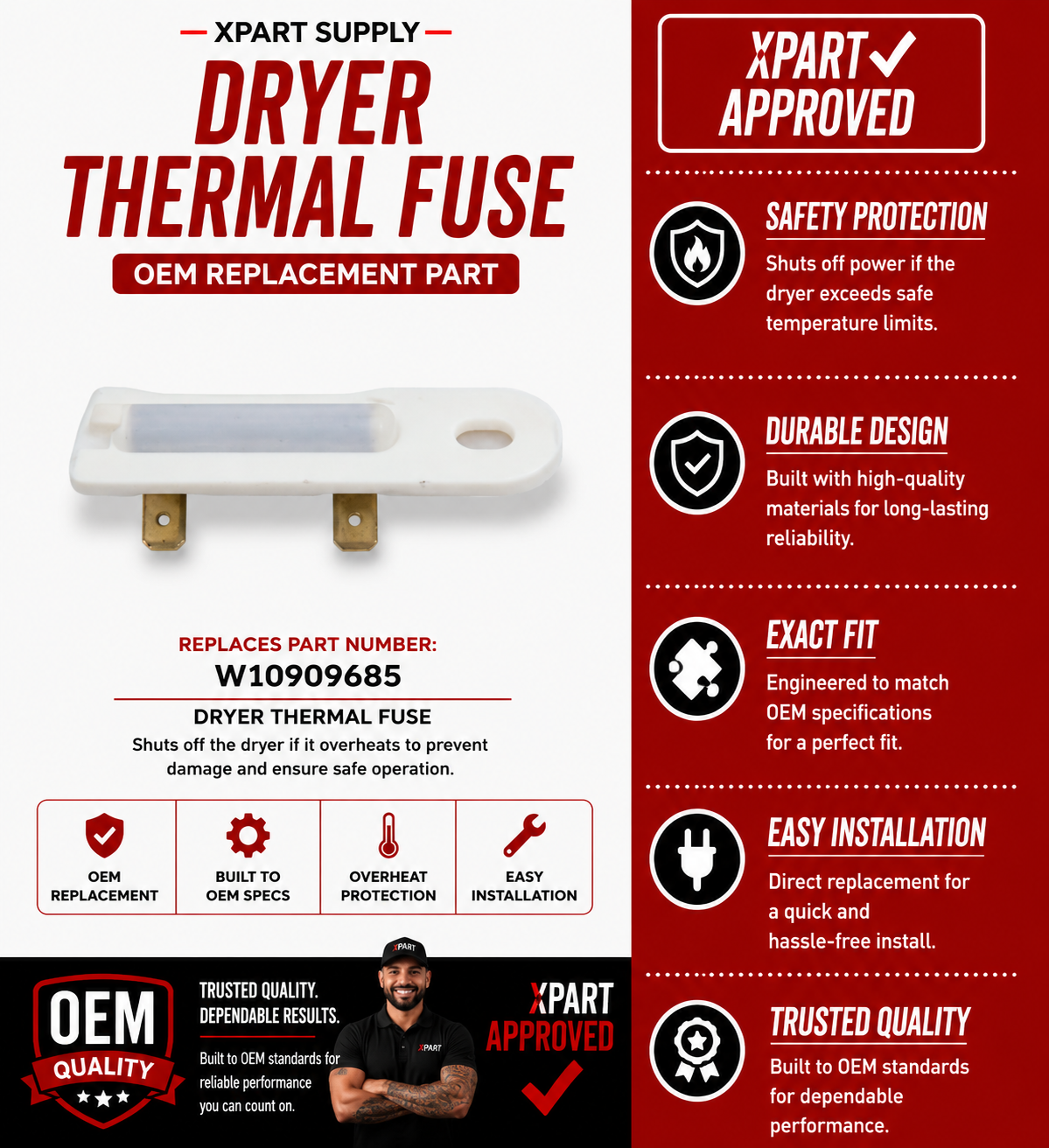 Whirlpool Thermal Fuse W10909685 — Fixes No Heat & Dryer Shutdown