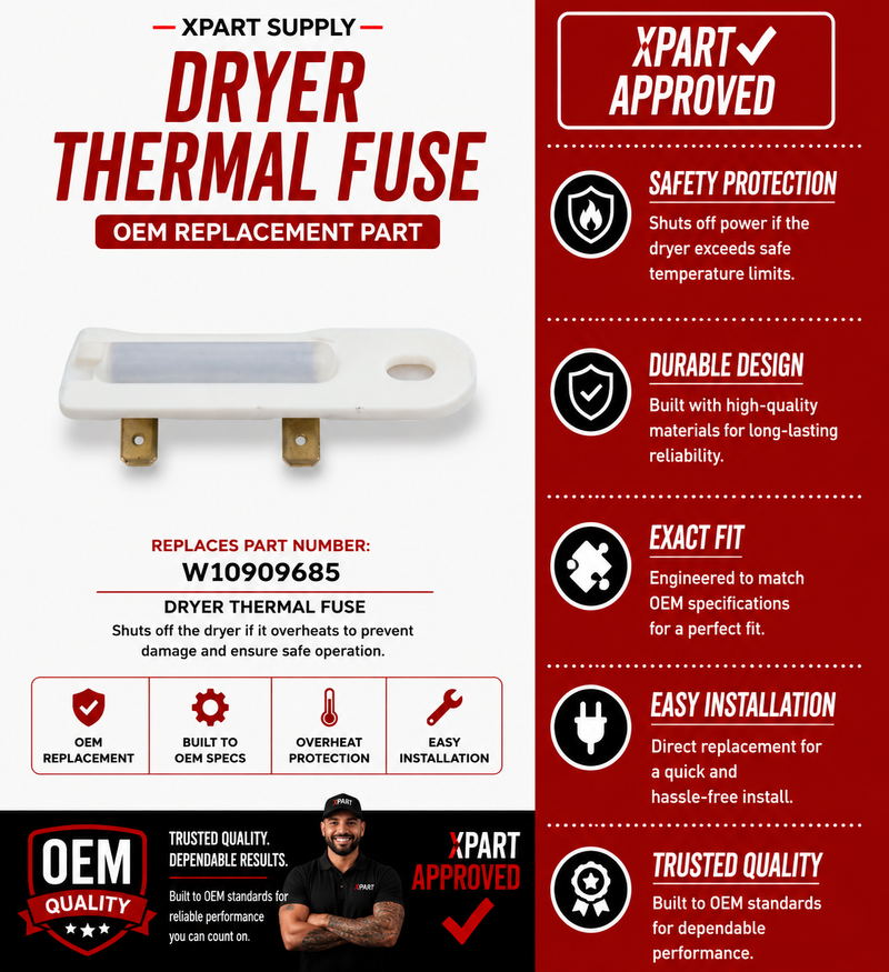 Whirlpool Thermal Fuse W10909685 — Fixes No Heat & Dryer Shutdown