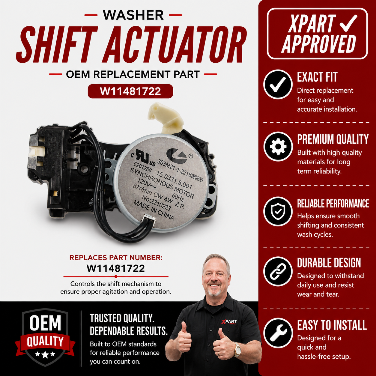 Whirlpool Top-Load Washer Shift Actuator W11481722 – OEM & Premium XPart Options Available (Replaces W10597177, W11237117)