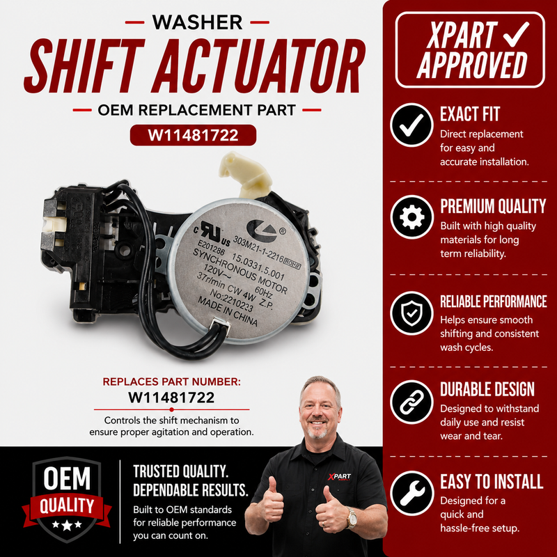 Whirlpool Top-Load Washer Shift Actuator W11481722 – OEM & Premium XPart Options Available (Replaces W10597177, W11237117)
