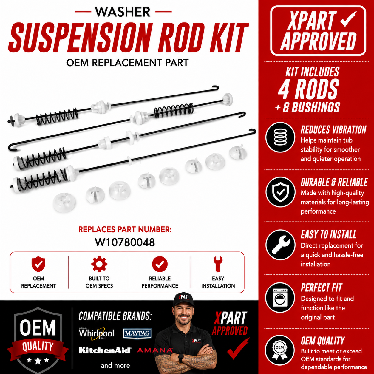 Whirlpool Top Load Washer Suspension Rod Kit W10780048 – OEM & Premium XPart Options Available (Replaces W10257087, W10821948)