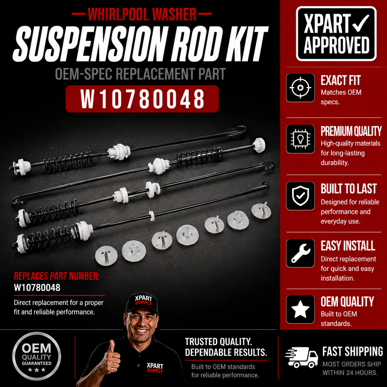 Whirlpool Top Load Washer Suspension Rod Kit W10780048, Replaces W10257087, W10257088, W10349191, W10349193, W10748952, W10821948, WPW10780048