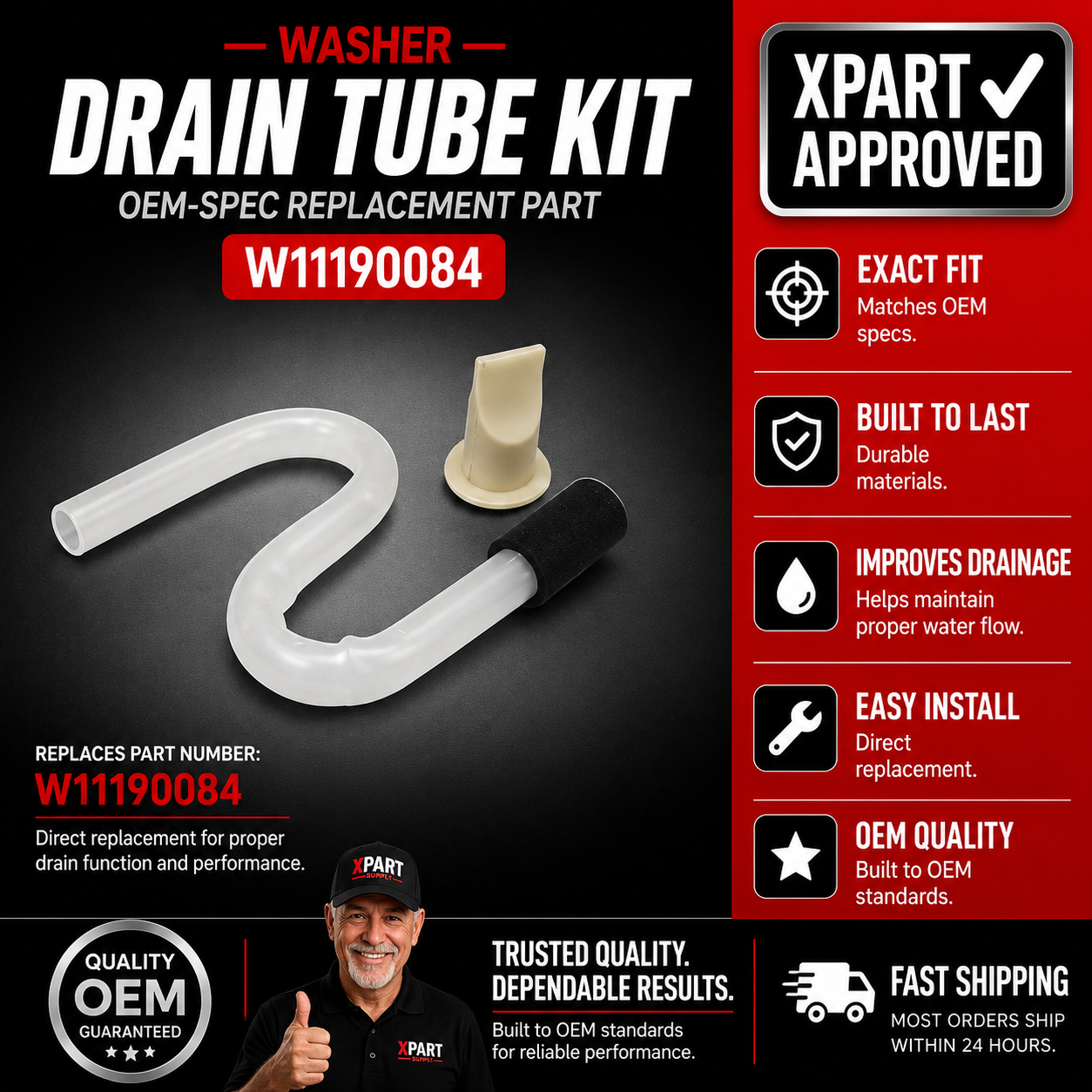 Whirlpool Refrigerator P-Trap Drain Tube Kit W11190084 — Replaces W10314199, W10316650