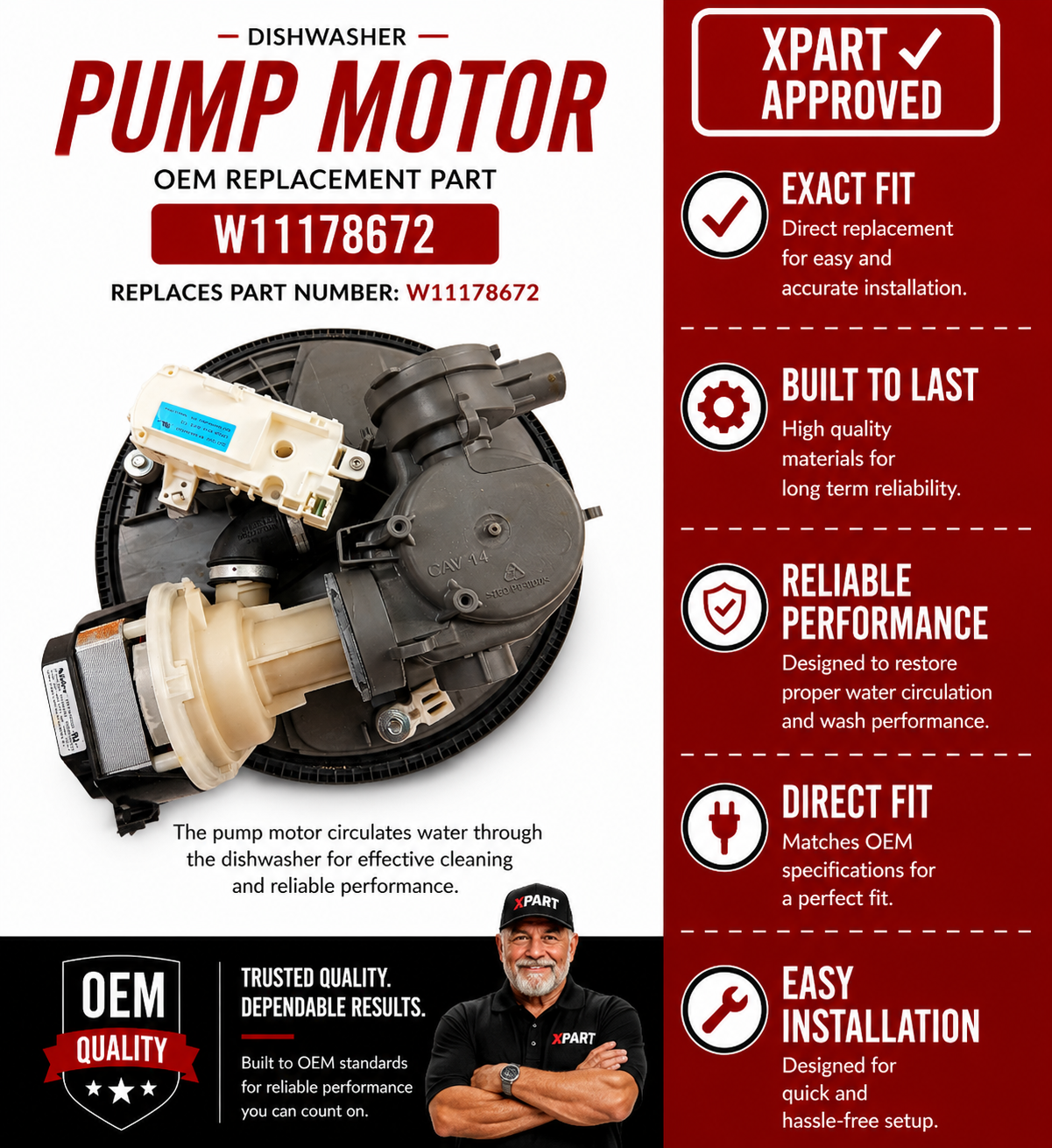 Whirlpool W11178672 Dishwasher Pump & Motor — Fixes No Cleaning, Poor Drainage & Wash Failure