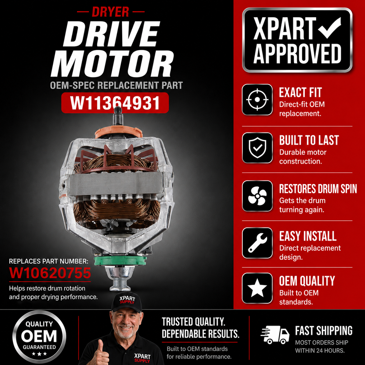 Whirlpool W11364931 Dryer Drive Motor — Drum Won't Spin Fix for Whirlpool, Maytag & More