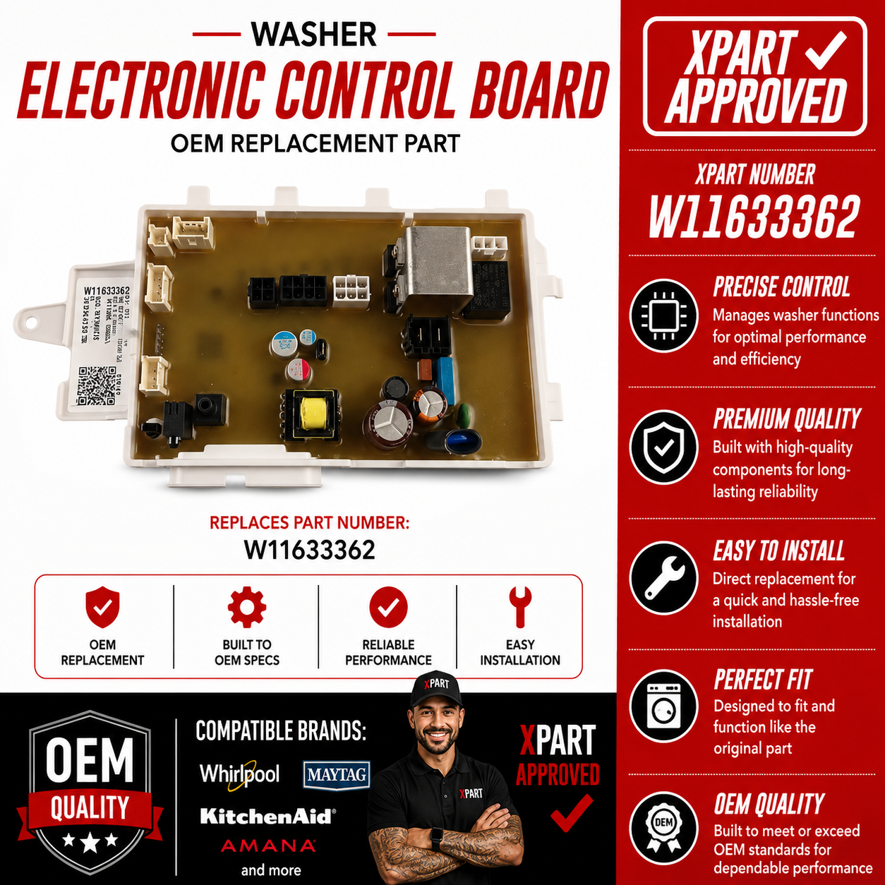 Whirlpool W11633362 Washer Electronic Control Board – Replaces W11553774 | Fits Whirlpool, Maytag, Amana