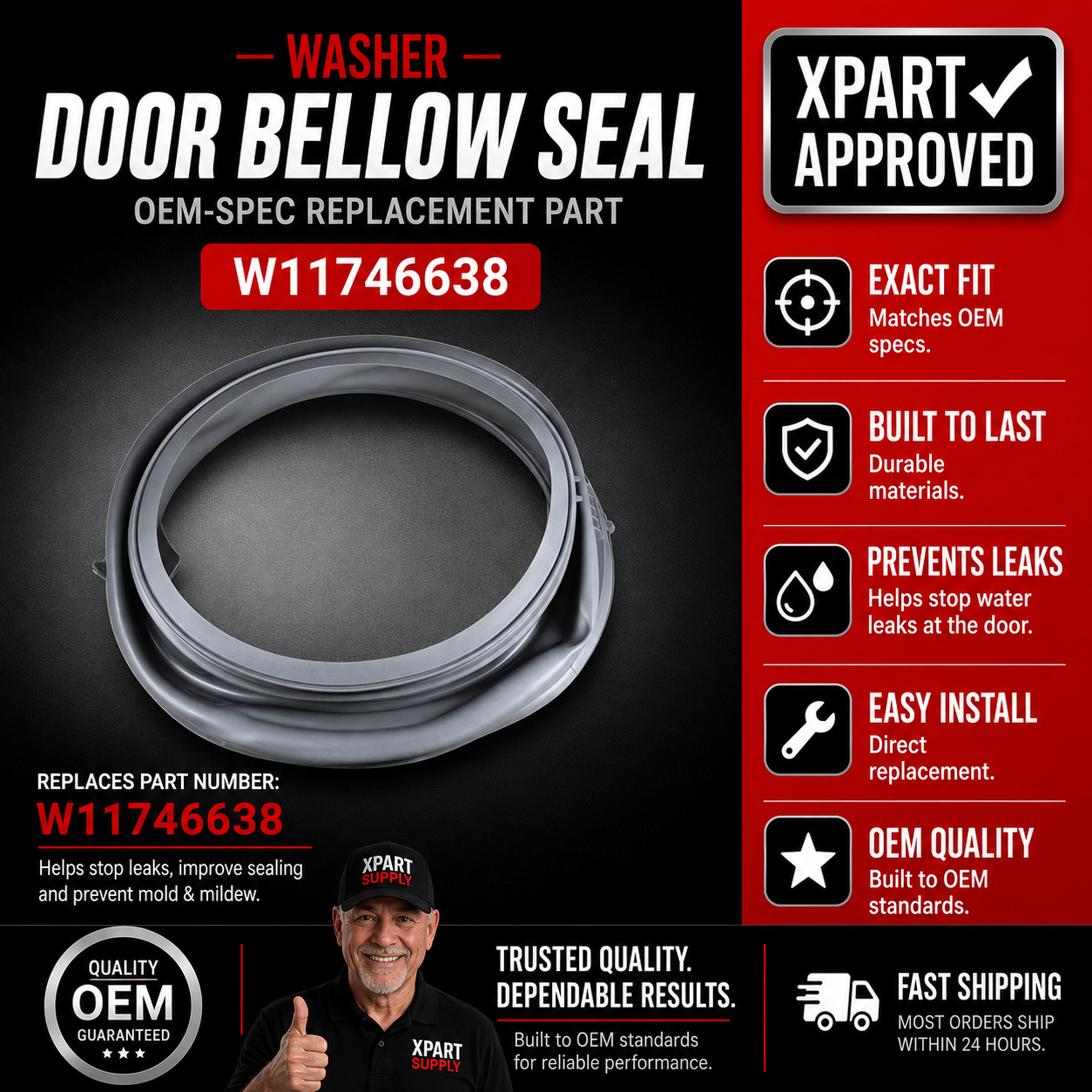 Whirlpool W11746638 Washer Door Bellow Seal – Fix Washer That Leaks, Won't Seal, or Has Mold