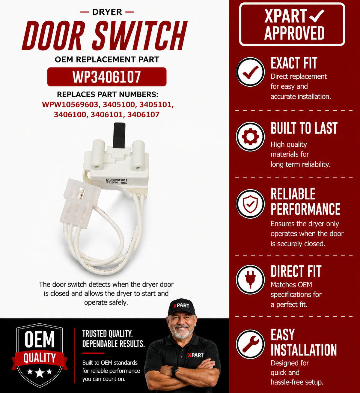 Whirlpool WP3406107 Dryer Door Switch — Fixes Dryer Won't Start