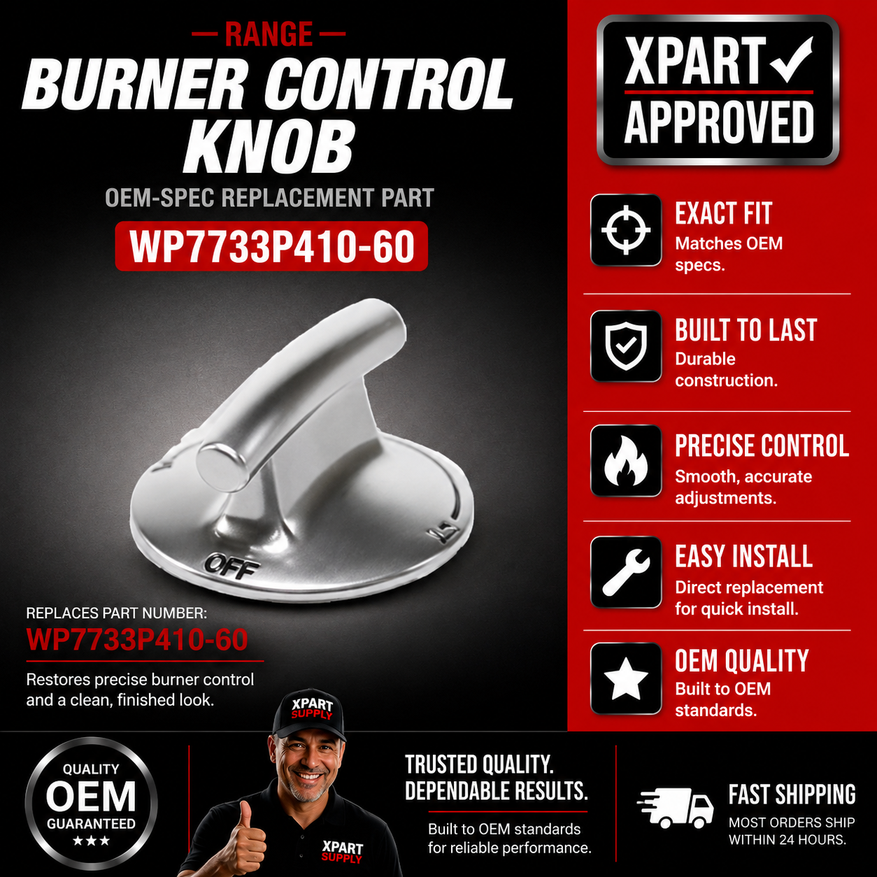 Whirlpool WP7733P410-60 Range Burner Control Knob — Fixes Burner That Won't Turn Off or On